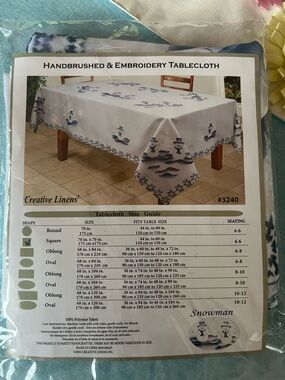 New Creatove Linens Handbrushed & embroidered 70”square Snowman tablecloth
